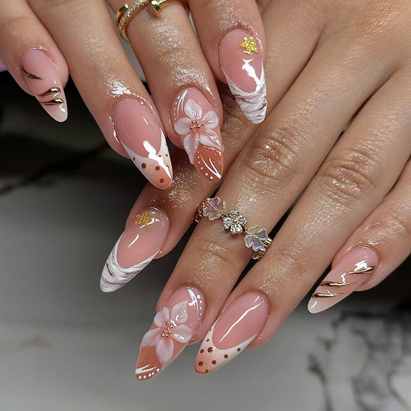 Pressed Flower Art - Almond Press On Nails Nude Polka