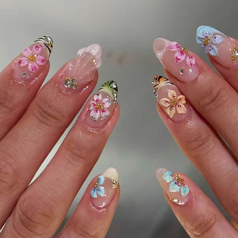 Pressed Flower Art - 24pcs Almond Press On Nails tiger