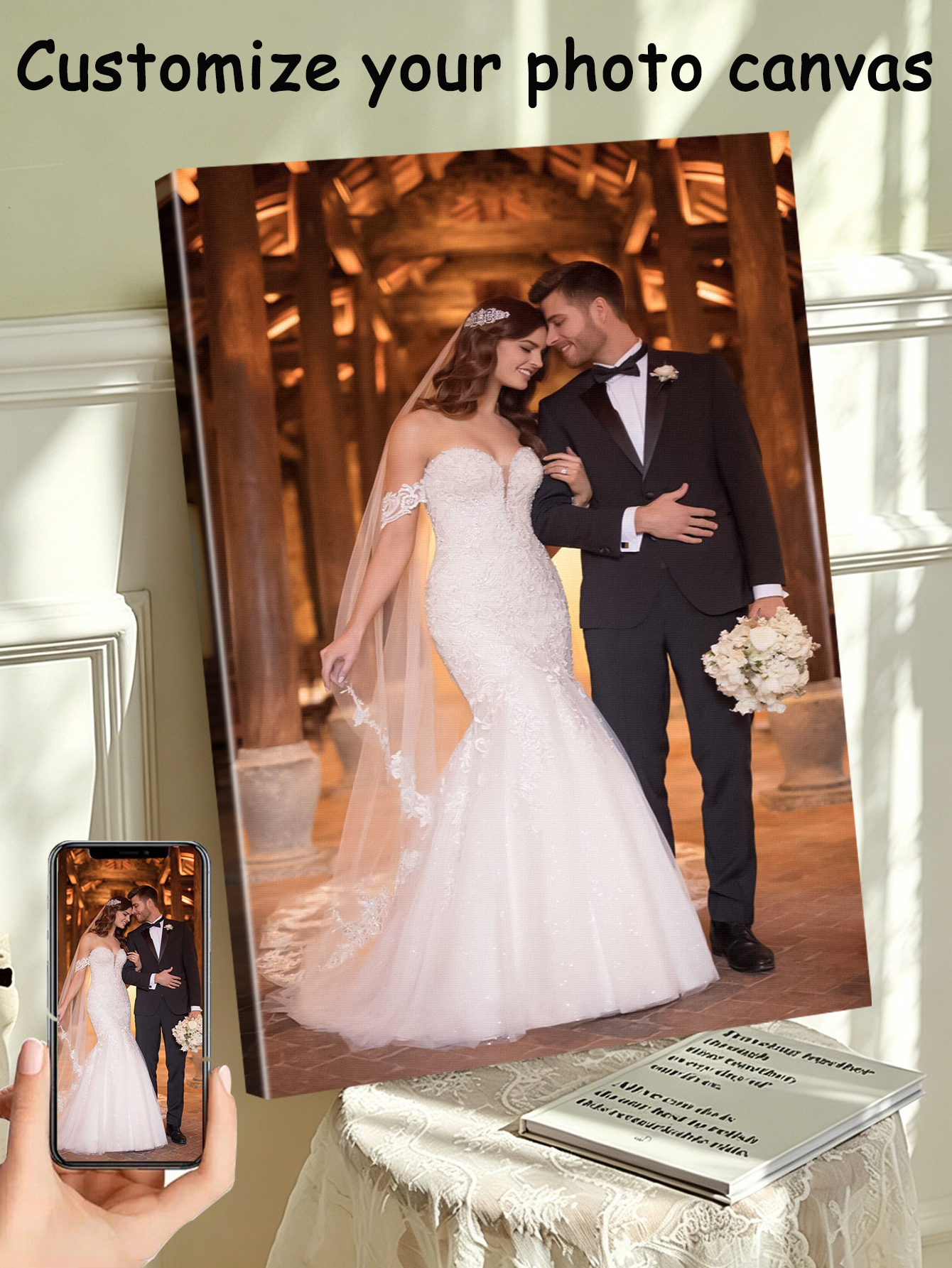 Engraved Wood Frame - 1 customized photo canvas, optional DIY