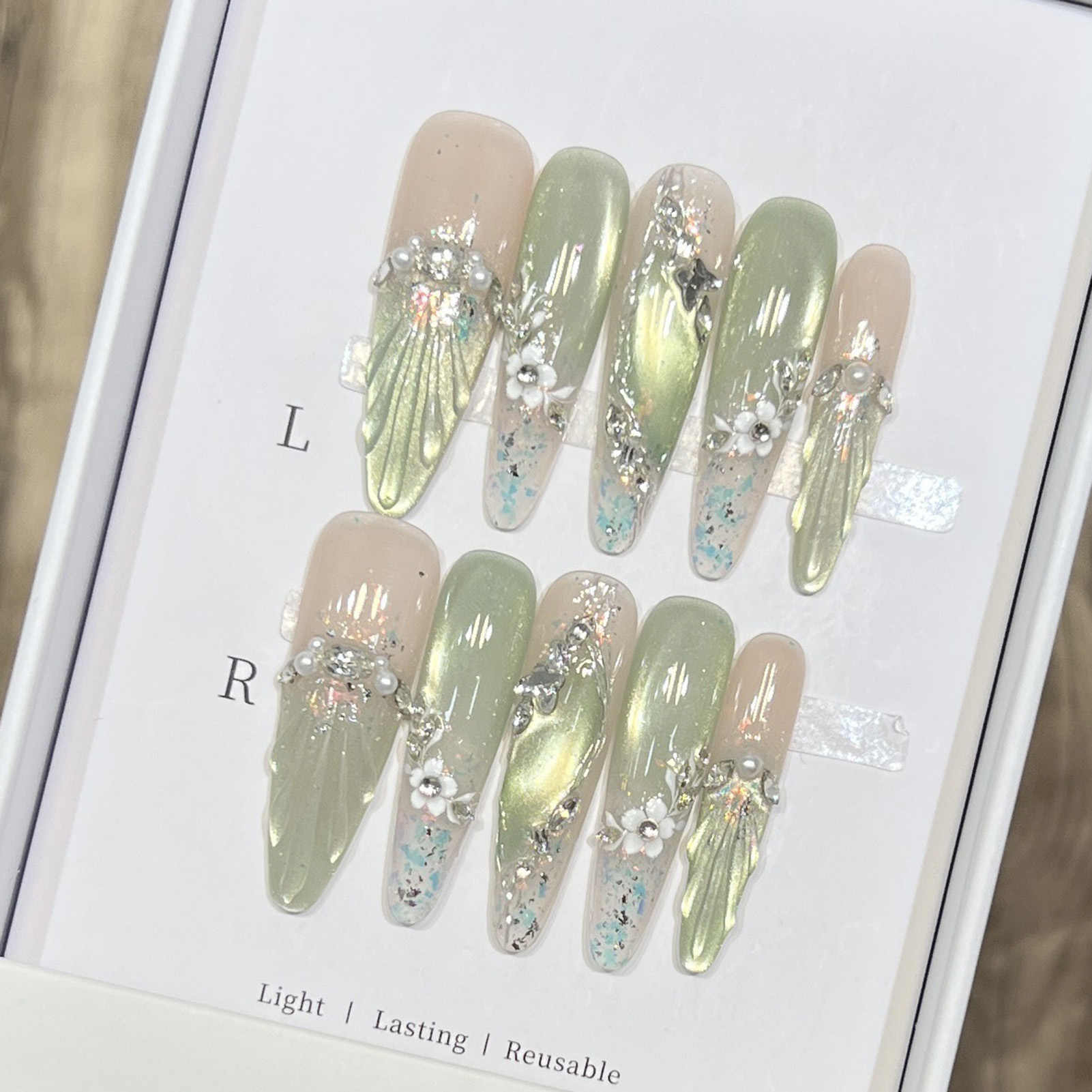 10pcs Long Almond Fake Nails T - Pressed Flower Art 评论和价格
